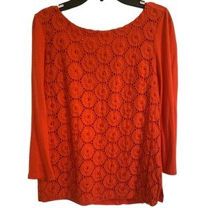 The Limited medium coral textured orange 3/4 length top ribbon back chic